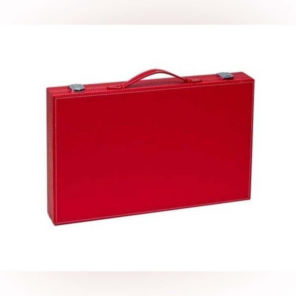NEW 15" Red Leatherette Backgammon Game Set Black & Red Velour Inlay Board - Picture 5 of 14